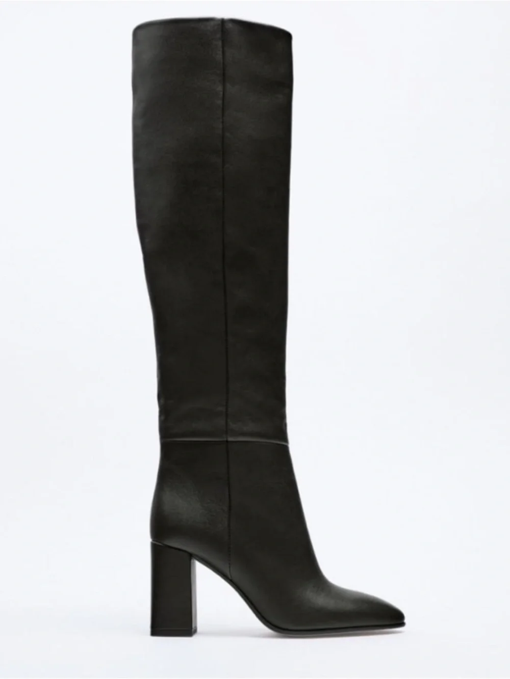 Real black leather Knee-High Block Heel Women's Boots